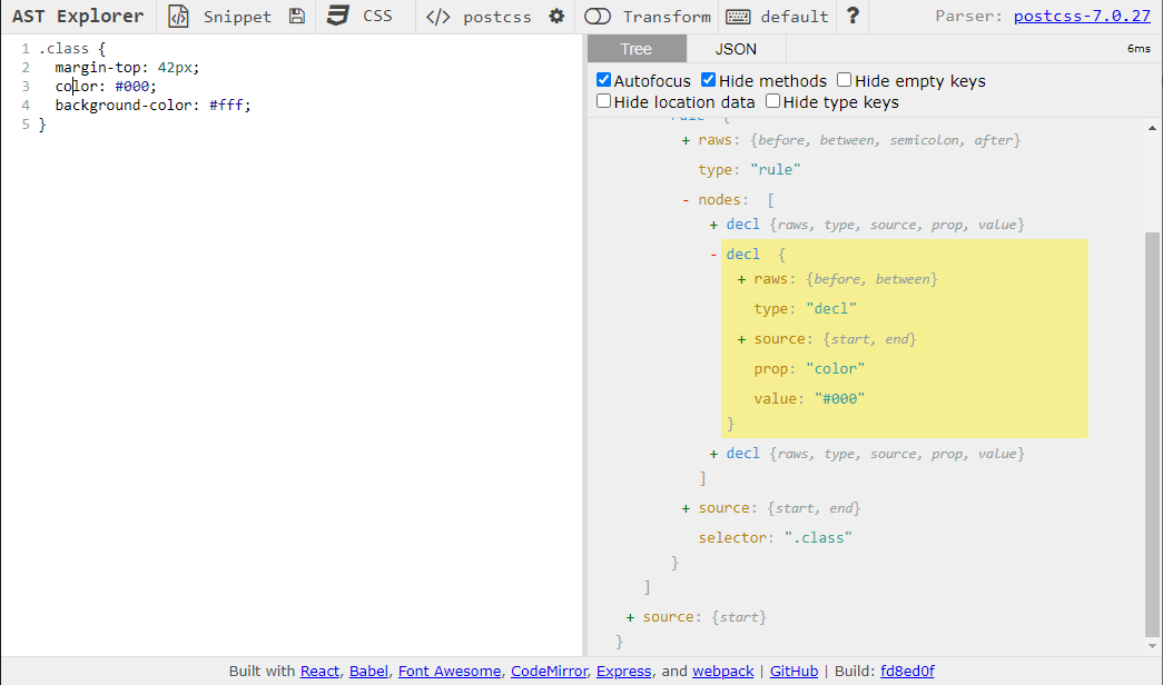 AST explorer CSS color node