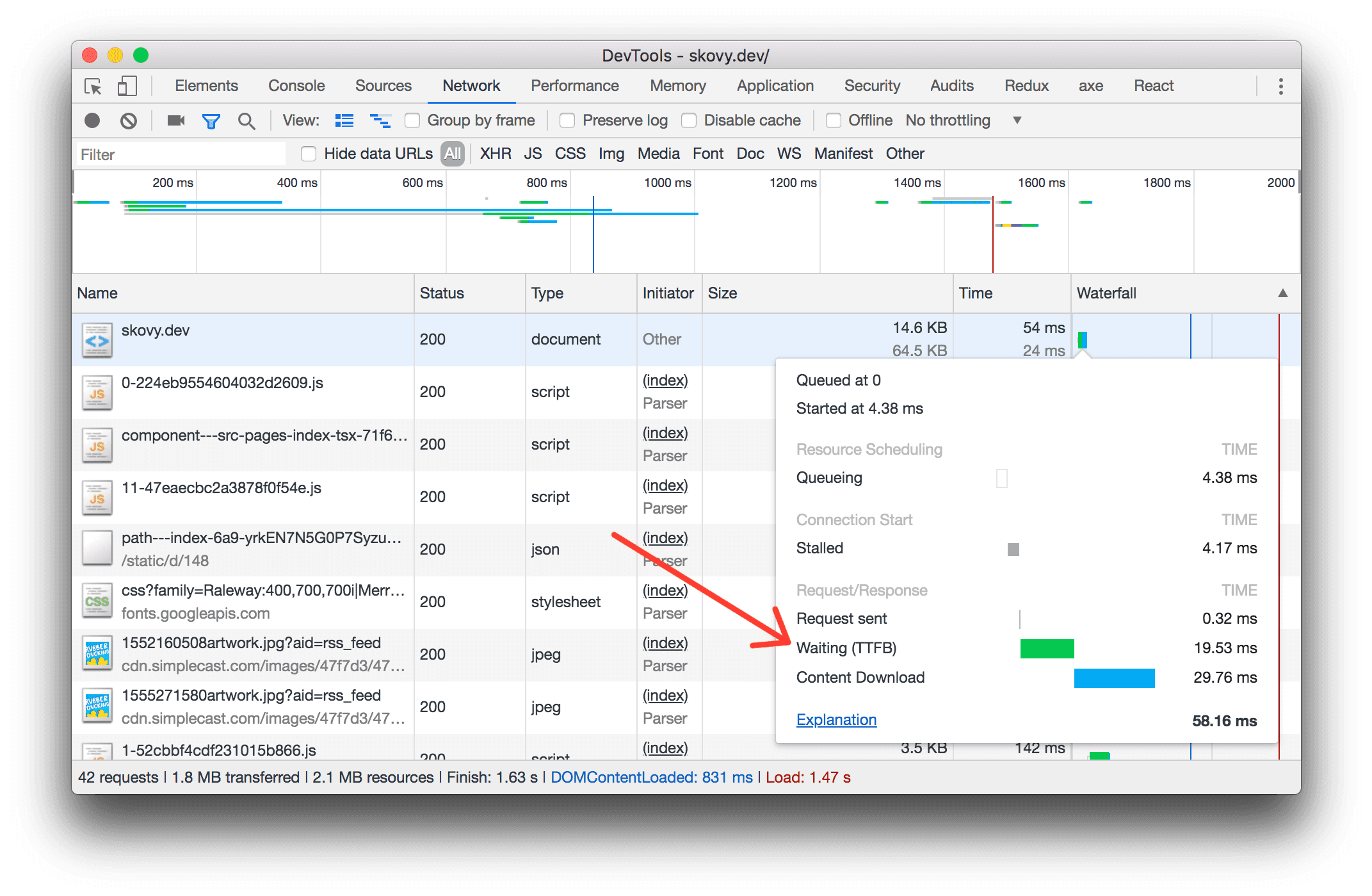 Chrome Devtools TTFB